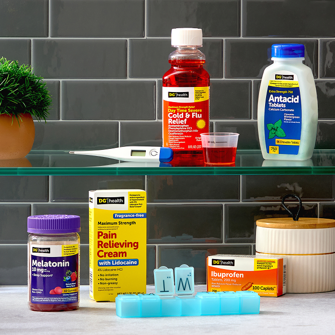 DG Health medicine cabinet essentials including cold & flu relief, antacid tablets, melatonin, pain cream and ibuprofen