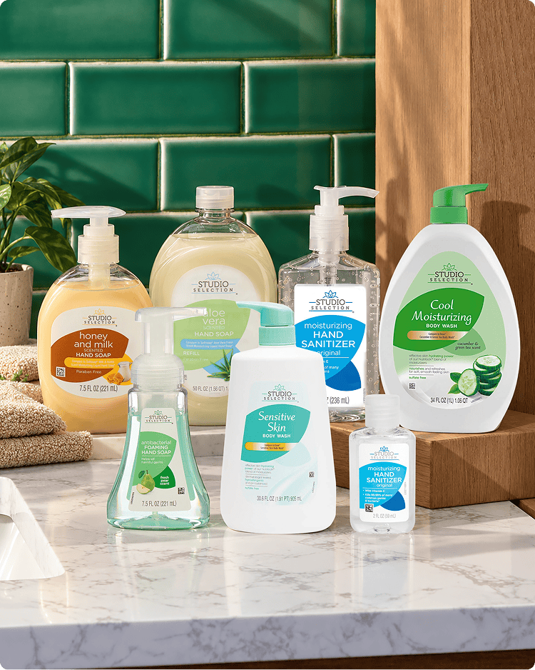 Studio Selection personal care collection — hand soap, hand sanitizer, body wash and body wash refill